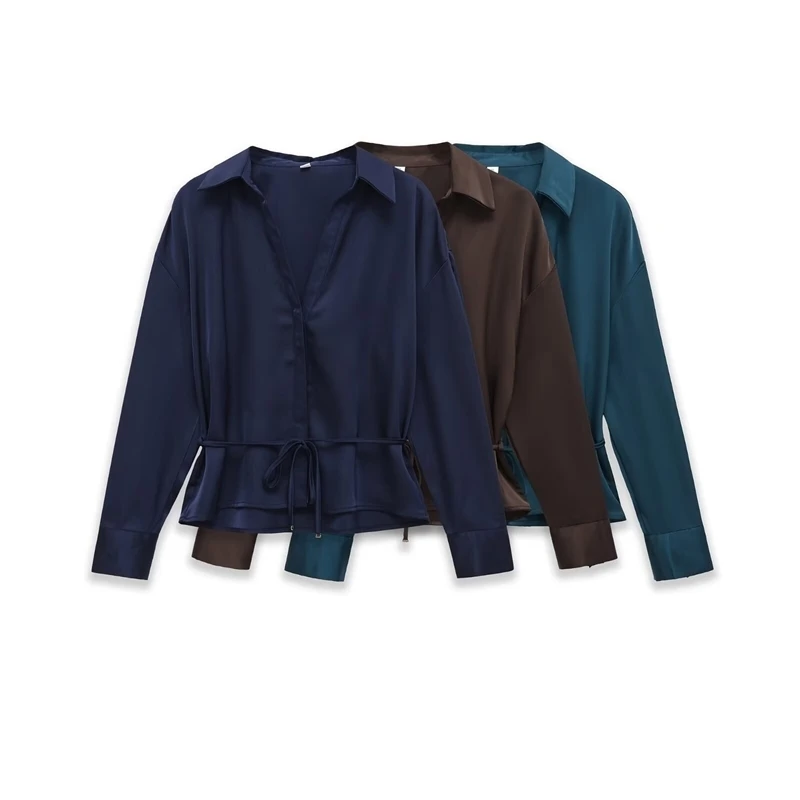 

Новинка 2026: Высококачественные женские модные блузки с пуговицами и шнуровкой, весенние повседневные однотонные атласные рубашки свободного кроя с длинным рукавом для офиса