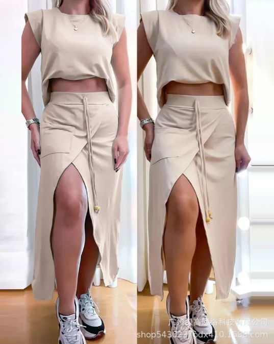 

Women Elegant Skirt Two-piece Summer Casual Pullover Blouse and High Waisted Drawstring Detail Overlapping Split Midi Skirt Set