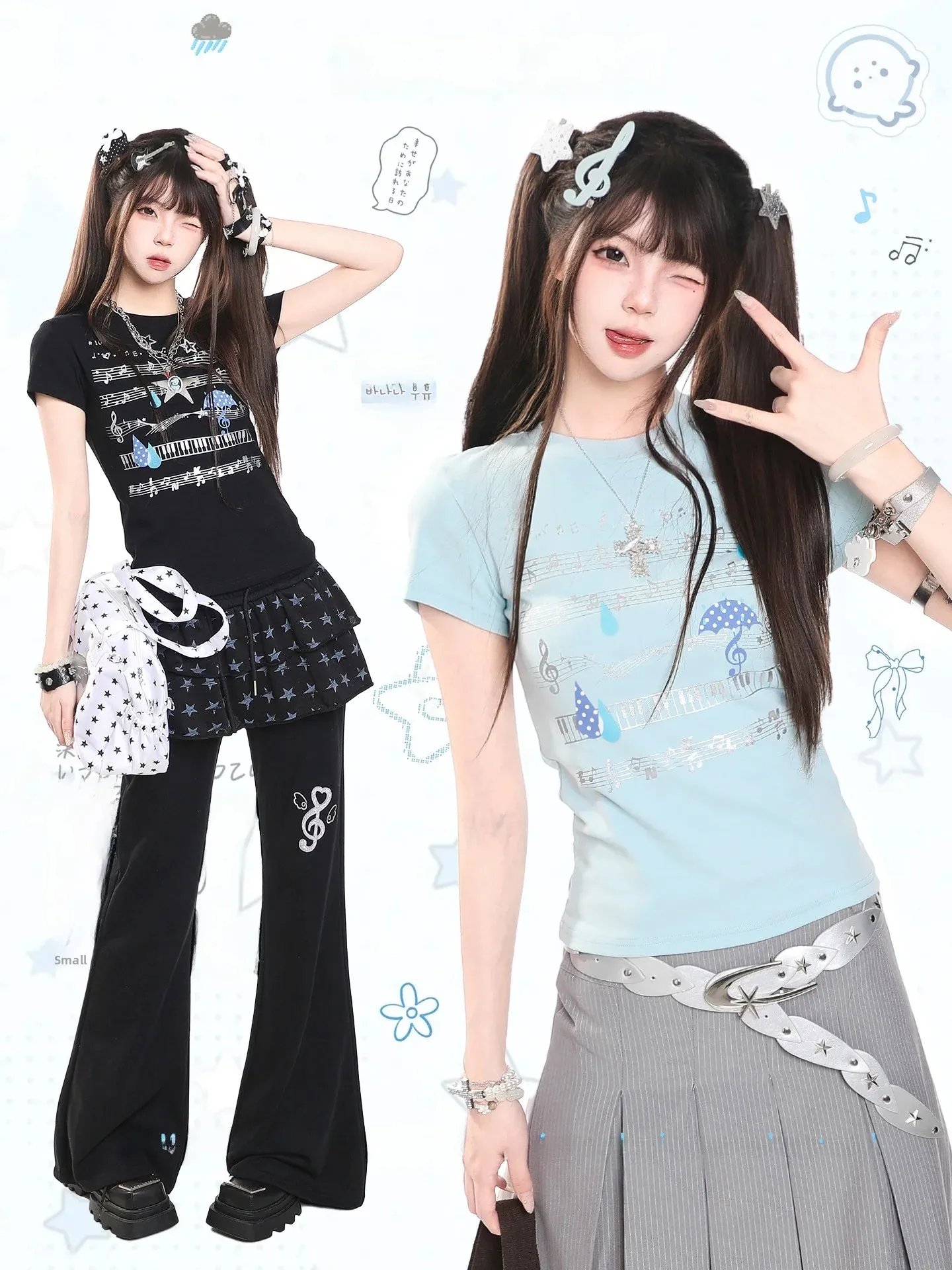 Y2K Note Print Short Sleeve T-Shirt Women's Summer Color Block Slim Fit round Neck Casual Style Cotton Skin-friendly Breathable