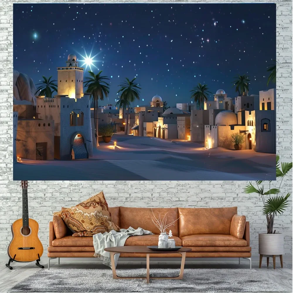 قطعة واحدة من خلفية مشهد عيد الميلاد المصنوعة من البوليستر - تصميم نجمة Bethlehem مع نجوم مضيئة وسماء ليلية ضوء القمر والبوليستر #4