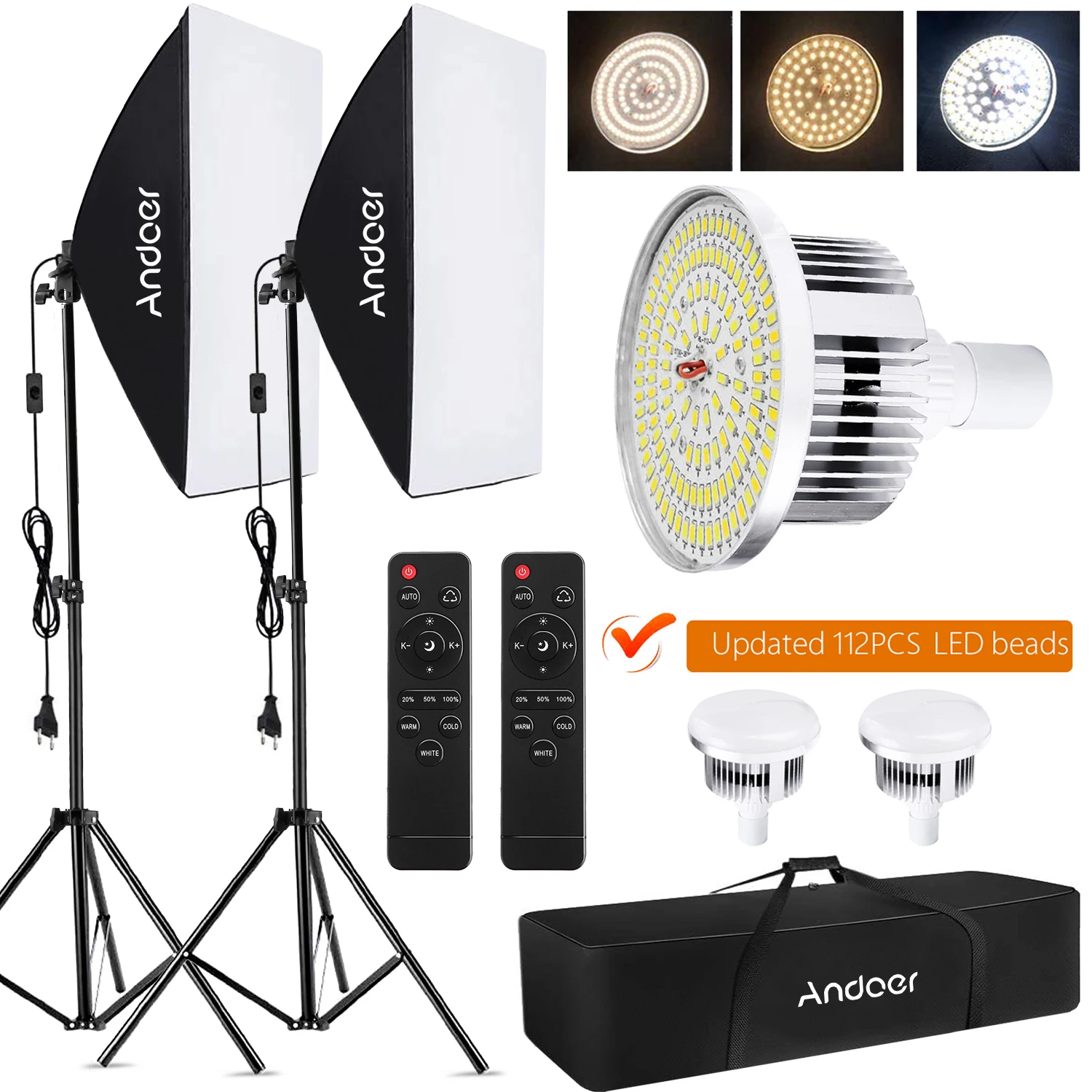 Andoer Photography Light Softbox Kit 85W 2800K-5700K Bi-color Temperature LED Light 2M Light Stand Studio Softbox Lighting Set