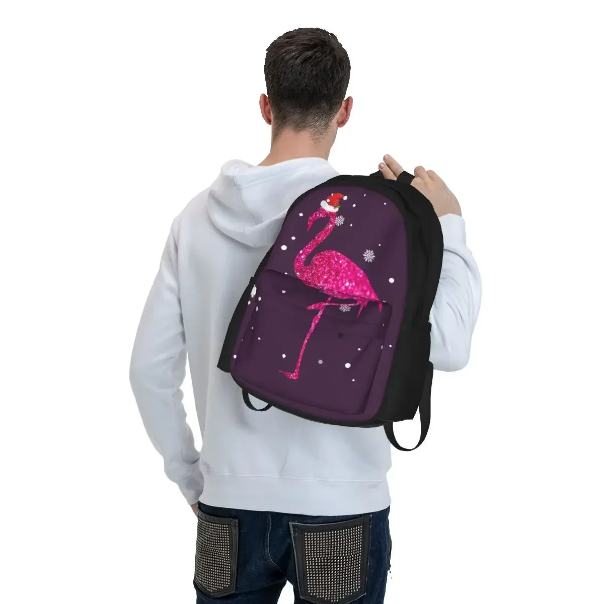 Christmas Flamingo Backpack Snowing Sport Backpacks Youth Cute School Bags Design Pattern Rucksack