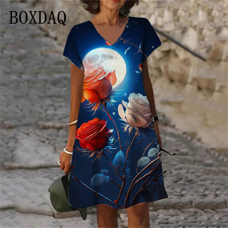 Rose Floral Print Summer Dresses For Women 2023 New Short Sleeve V-Neck Scenery Loose Oversize Clothing Casual Beach Party Dress