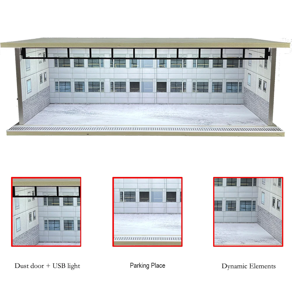 Auto-Garage-Diorama im Maßstab 1:64, mit USB-LED-Licht, realistische Parkplatz-Vitrine für Modellautos und Miniaturfahrzeuge – Detail 22