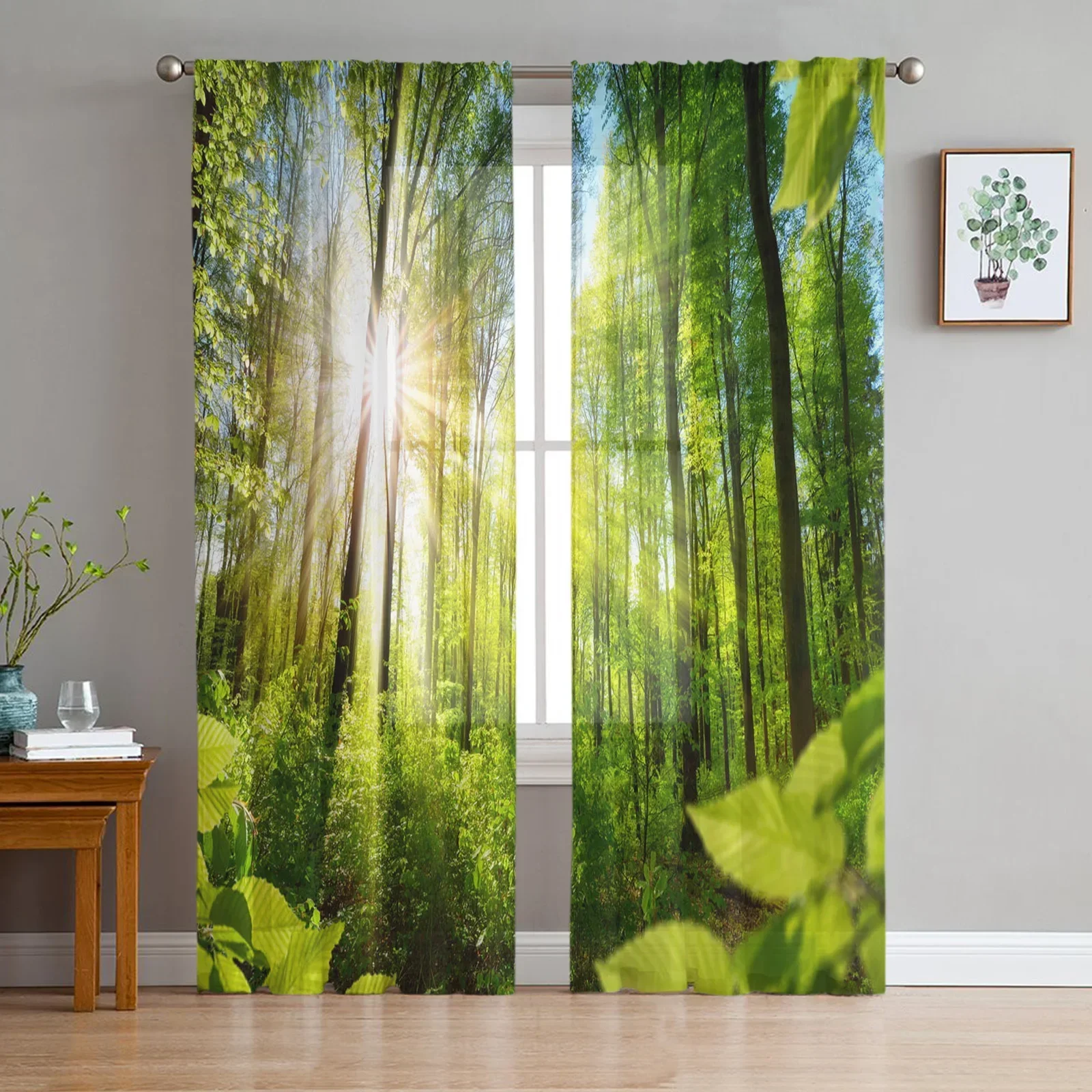 Green Forest Sun Natural Landscape Tulle Sheer Window Curtains for Living Room the Bedroom Modern Voile Organza Curtains Drapes