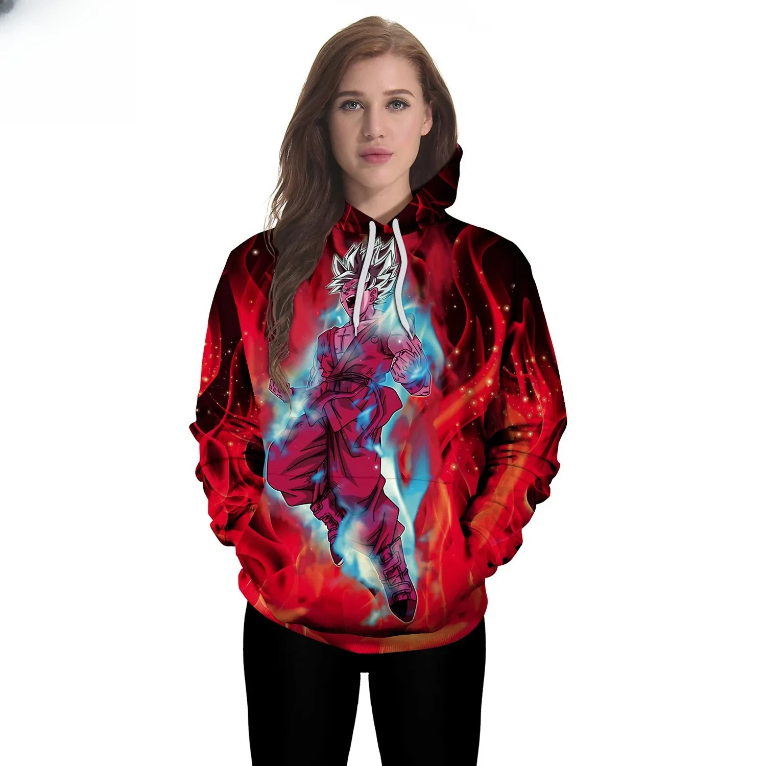   Outono e inverno dragon ball saiyan azul sun wukong impressão europeia e americana manga longa com capuz camisola das mulheres dos homens