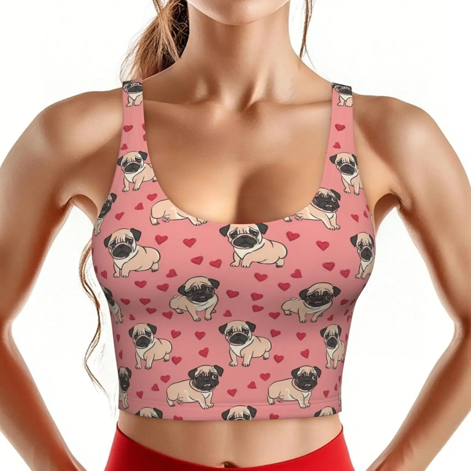 Cute Pug Dog with Hearts Valentine Women's Sports Bra with Removable Padding High-Impact Sports Vest, Tank Top for Yoga, Gym