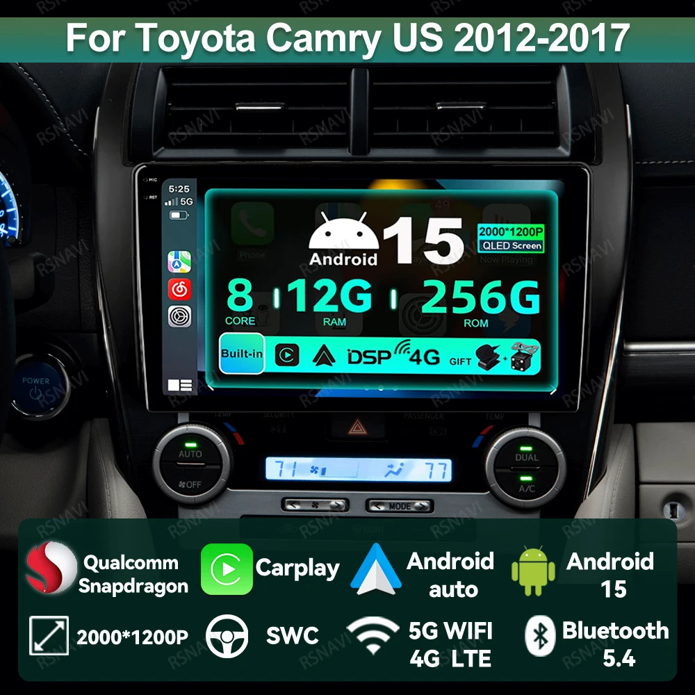 

Автомобильный радиоприемник Android 15 для Toyota Camry US 2012-2017 BT QLED навигация 5G WIFI головное устройство Viedo плеер мультимедиа 4G LTE стерео