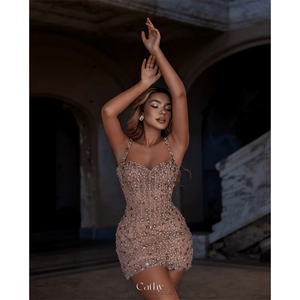 Cathy personalizar champanhe halter luxo strass vestido de baile querida mini vestidos de noiva sem mangas vestidos de noite 2025