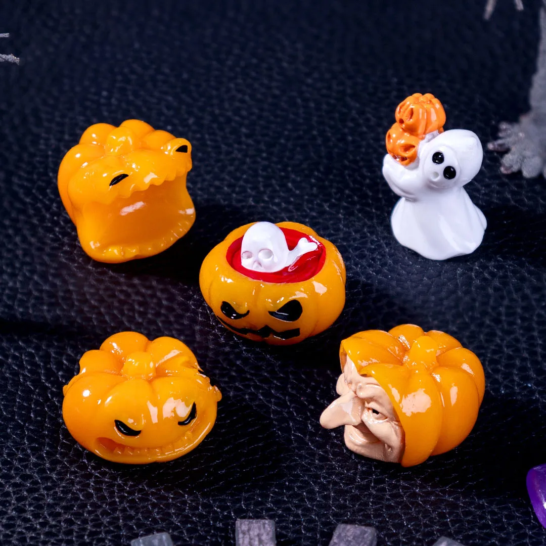 5pcs Halloween Cartoon Horror Pumpkin Ghost Resin Tabletop Figurine Toy DIY Handmade Keychain Pendant Decorative Accessories