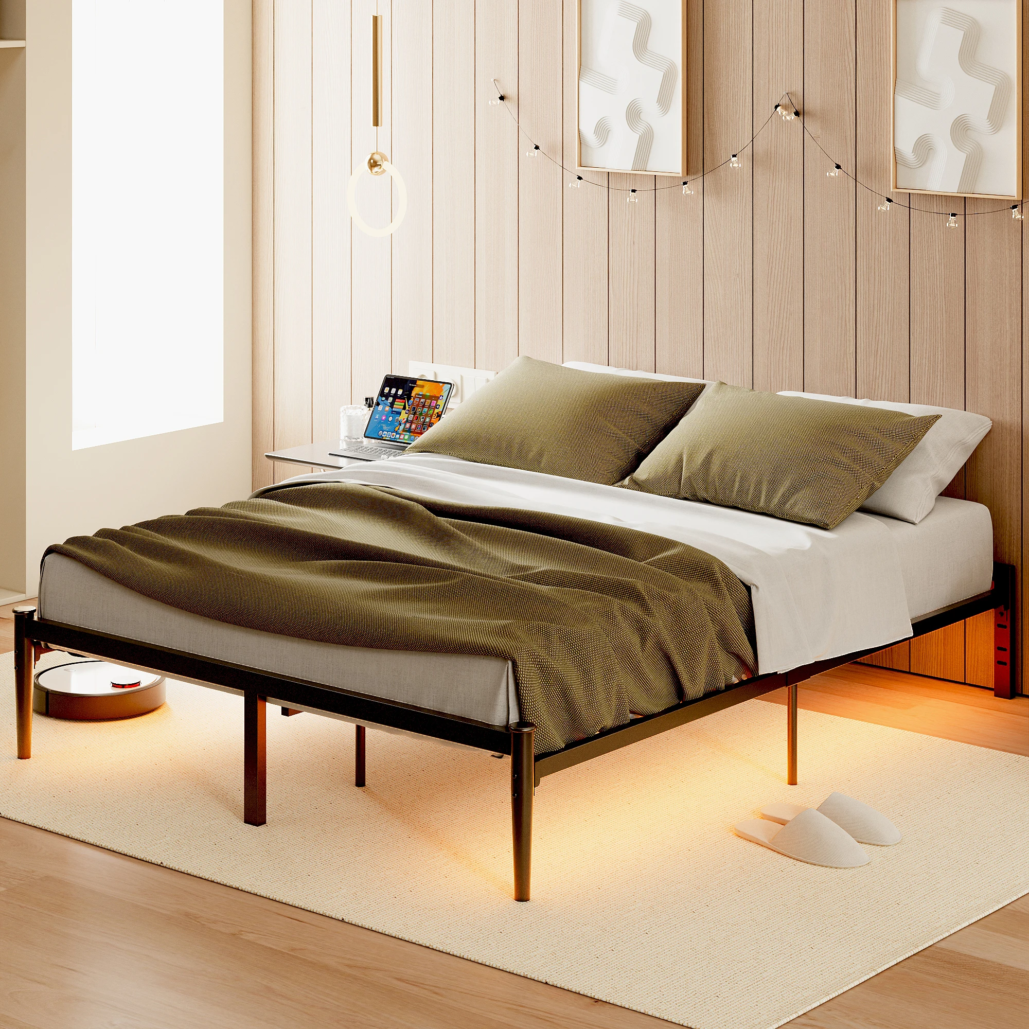 LIKIMIO Bed Frame with LED Lights & USB Charging Station, Full Size Metal Platform Bed Frame, Anti-Slip and No Noise