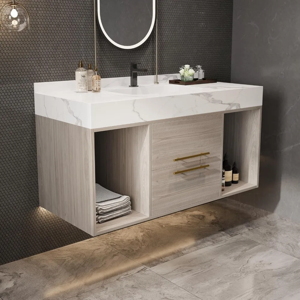 

40 Inch Wall Mounted Bathroom Vanity with Sink, Floating Vanity with 2 Drawers, Storage Cabinet with Ceramic Sink and Backsplash