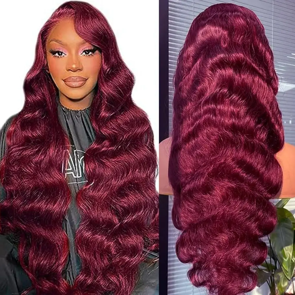 Burgundy 99J Body Wave Lace Front Human Hair Wig Transparent 13x6 HD Lace Frontal Wigs Brazilian Red Colored Remy Wigs for Women