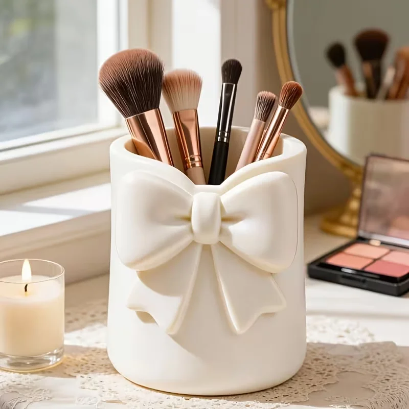 Bowknot Makeup Brush Storage Bucket Countertop 3D Pen Holder Lip Gloss & Eyebrow Pencil Stand Cosmetic Organizer Box