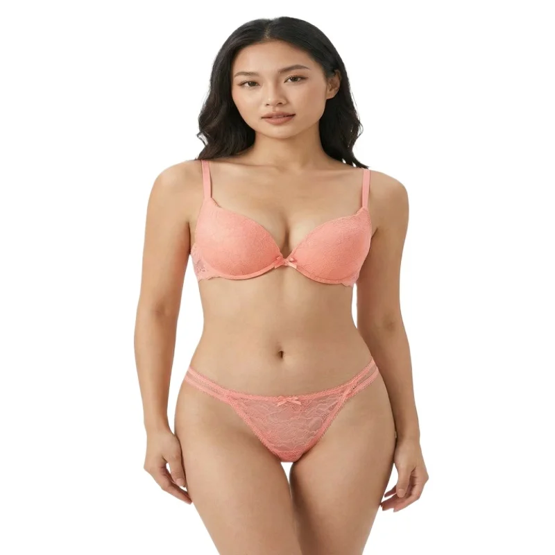 

Комплект из хлопкового кружевного бюстгальтера с глубоким V-образным вырезом и стрингами - бюстгальтер с подкладкой и косточками, сексуальный и удобный комплект нижнего белья для женщин, бюстгальтер с эффектом пуш-ап.