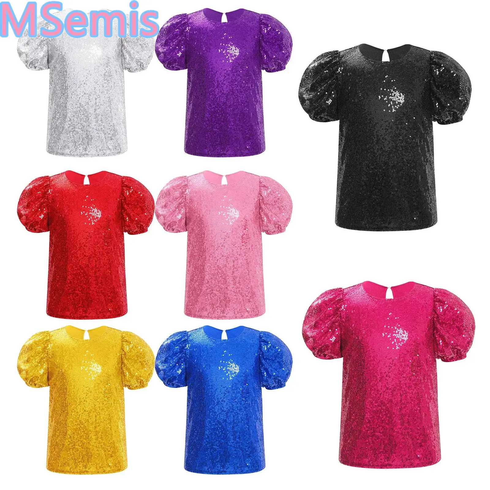 

Kids Girls Sequins Dance Tops Shiny Jazz Top Short Puff Sleeves Top for Cheerleading Performance Competition