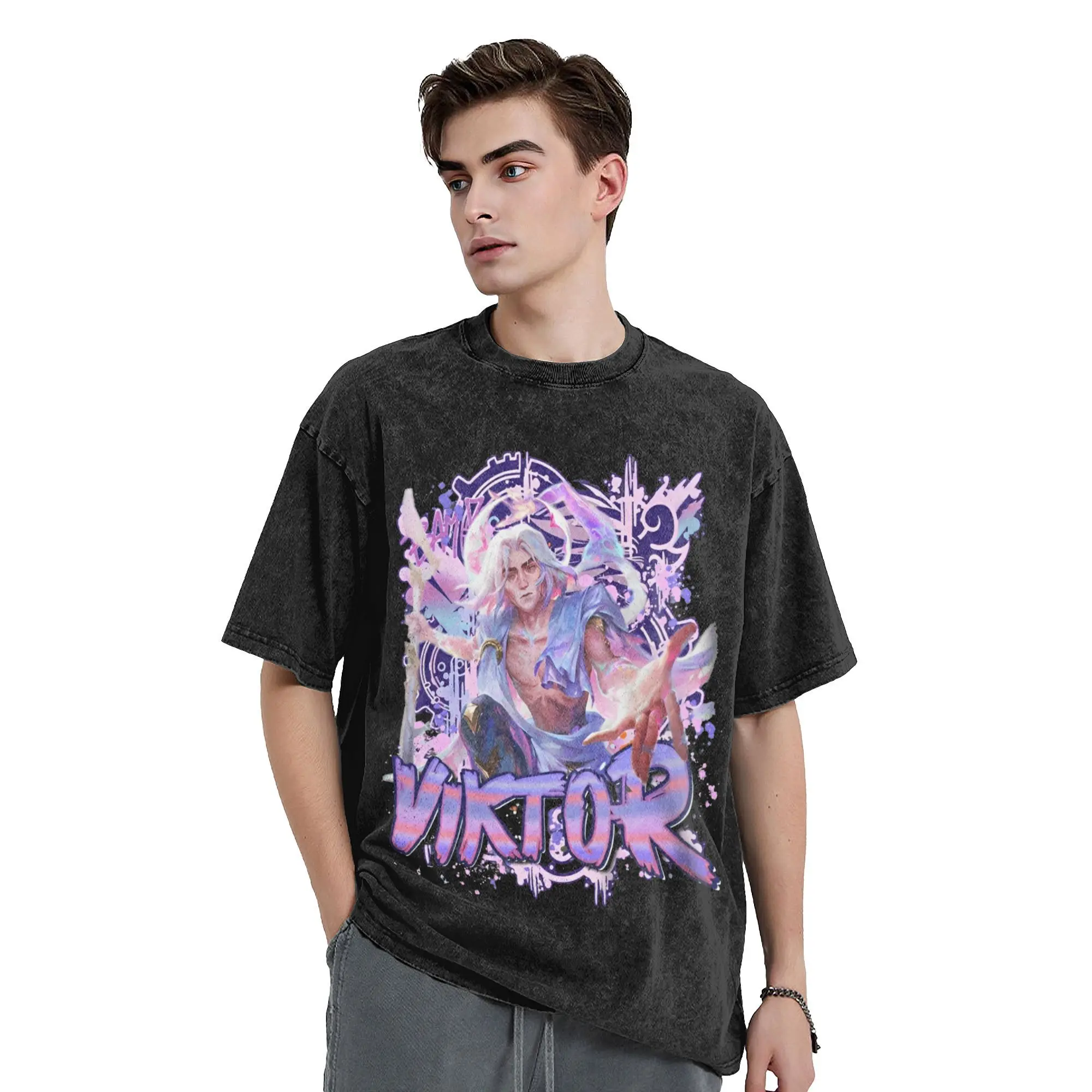 Harajuku Washed Shirt arcane viktor arcane game Merch Retro T-Shirts Oversize  Streetwear Cotton Summer Tee Shirt