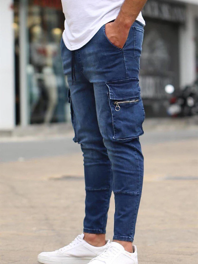 Calças de brim masculinas fino ajuste estiramento jeans casual moda vários bolsos denim diariamente calças de brim homem rua trabalho hip hop