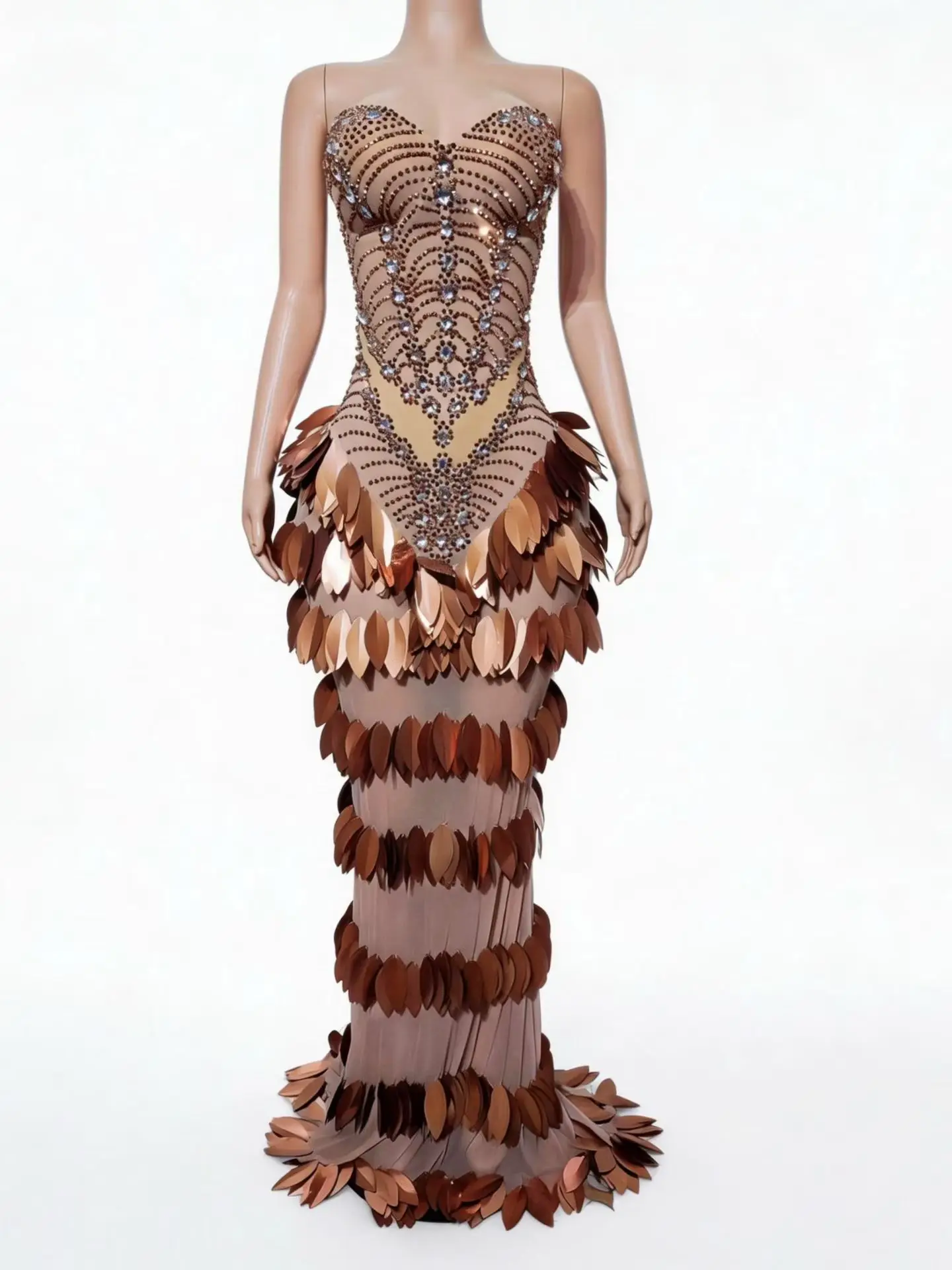 

Chaye Strapless Brown Feather Rhinestone Embellished Sheer Mesh Mermaid Gown for Drag Queen Stage Performances and Events
