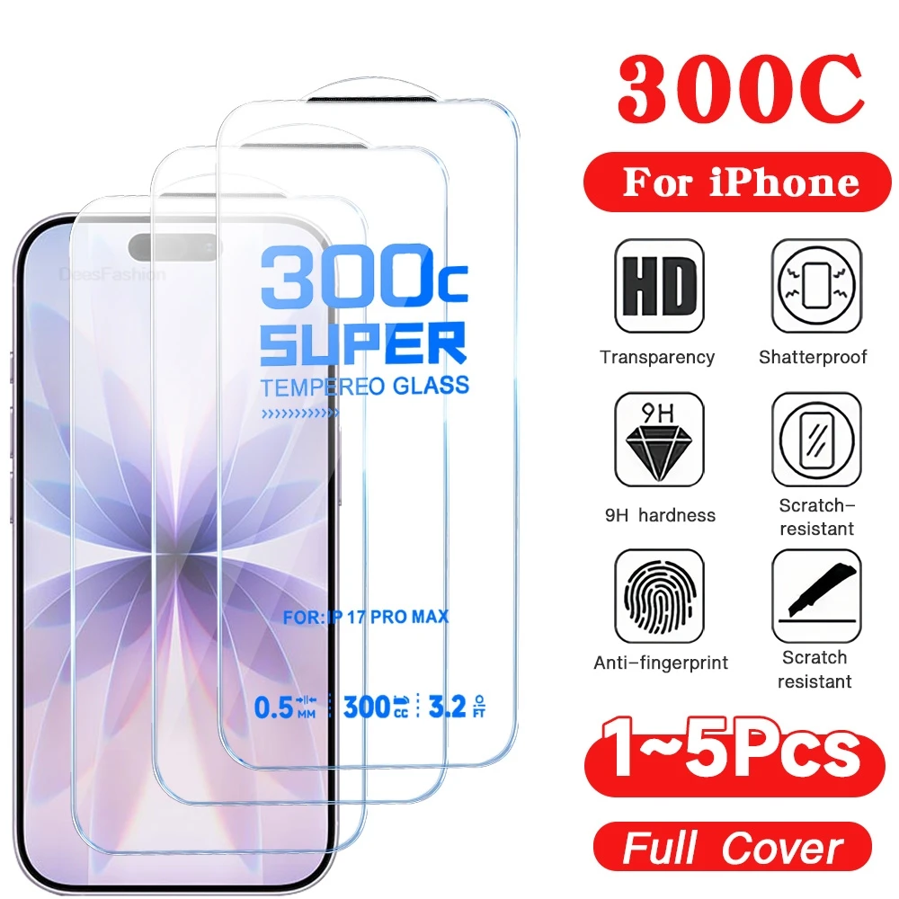 1-5 Stück 300C 9D Super Schutz-Displayschutzfolie für iPhone 18 16 15 14 17 Pro Max Plus 13 16e 17e 12 11 HD Gehärtetes Glas Film
