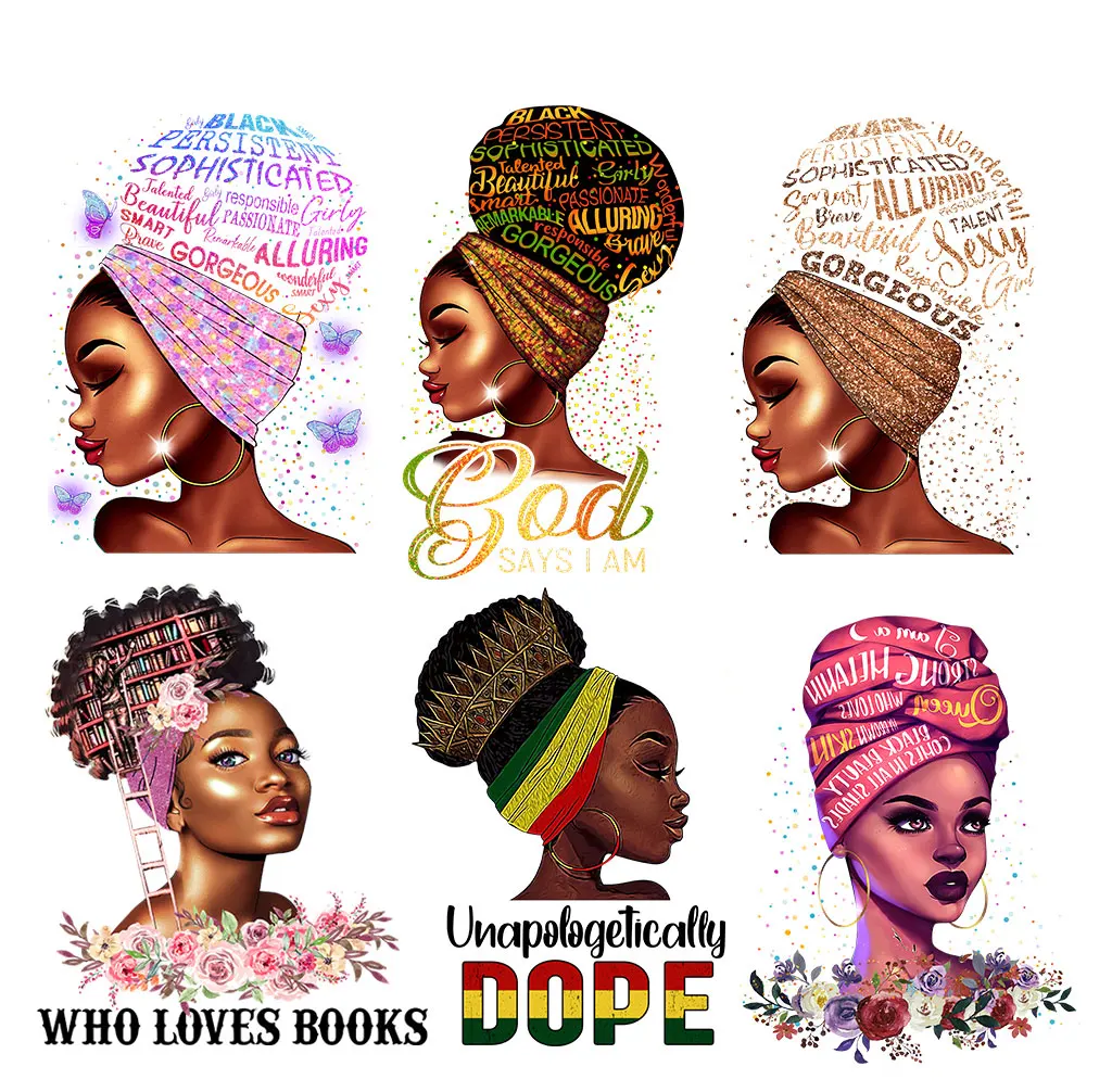 Fashion Black Woman Head Stickers Patches For Girl Garment Girl Flowers Press Printing Letter Heat Transfer Diy Appliques New