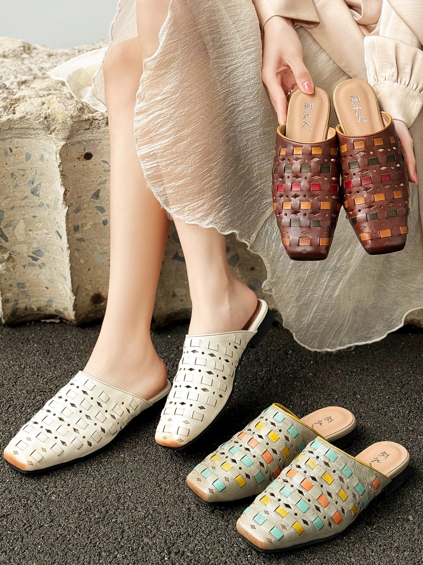 Handwoven Classic Style Flat Bottom Mules Summer New Arrival Women's Slippers Outdoor Wear Square Head Slip-On Shoes