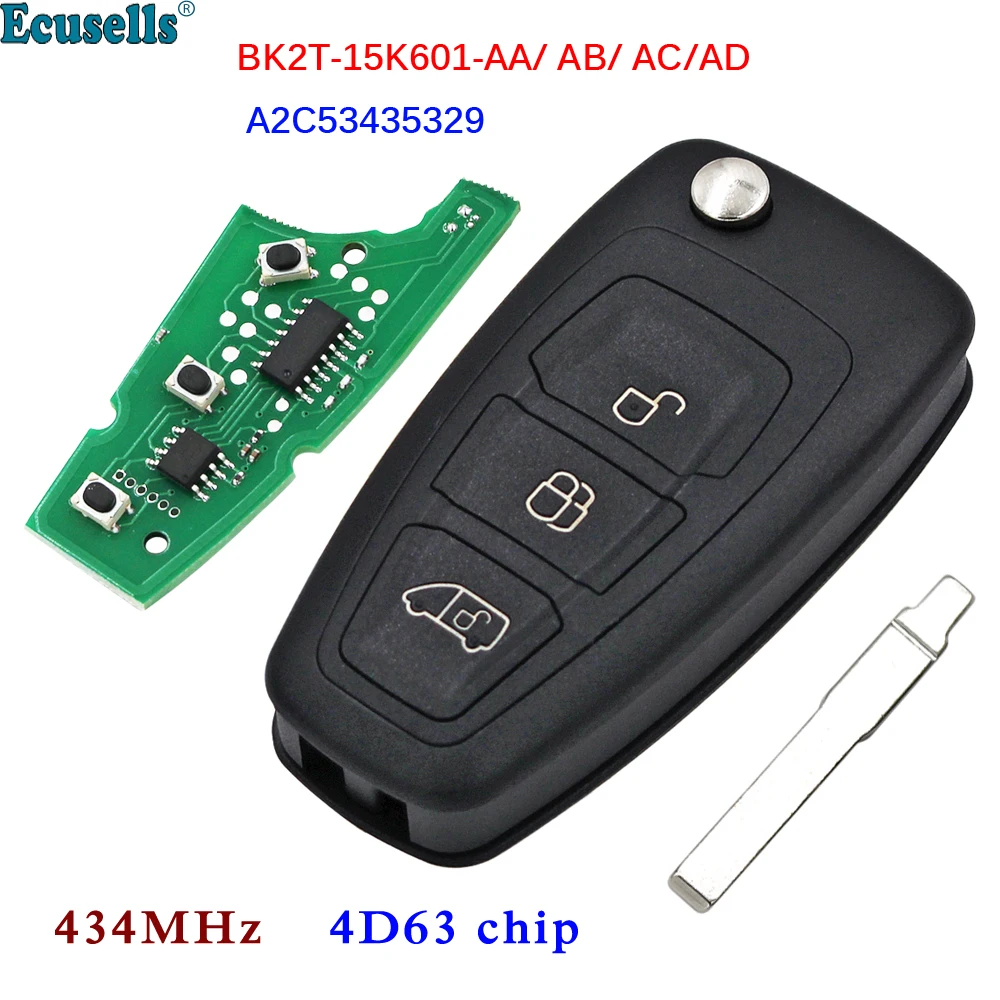 

3B Car Remote Key 434MHz 4D63 Chip for Ford Transit Connect Transit Custom 2012-2016 BK2T-15K601-AA/AB/AC/AD A2C53435329 HU101