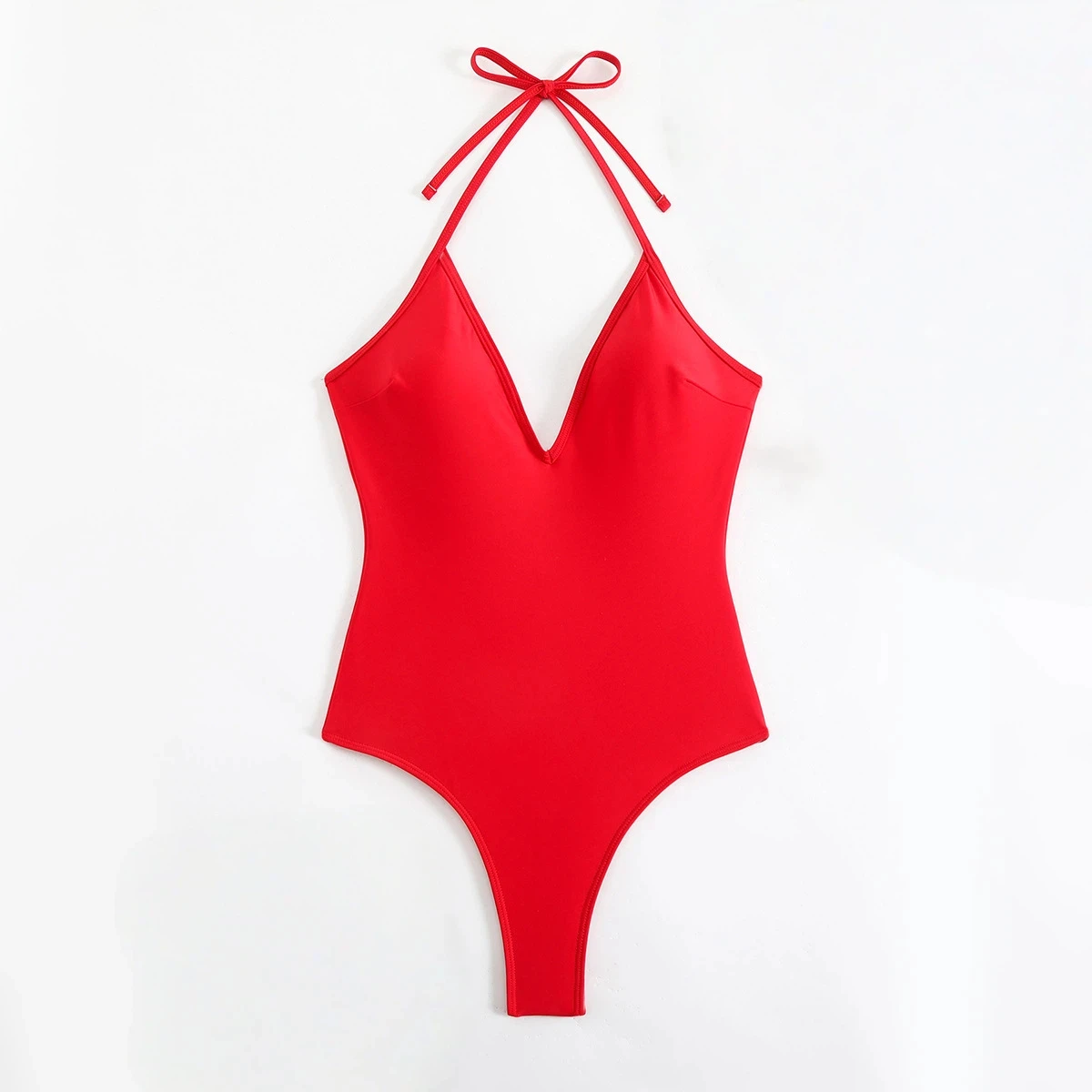 赤いセクシーなホルターネックVネックワンピース水着、ギャザー入りバックハイカット水着、ボディスーツビーチウェア、2025年夏休み