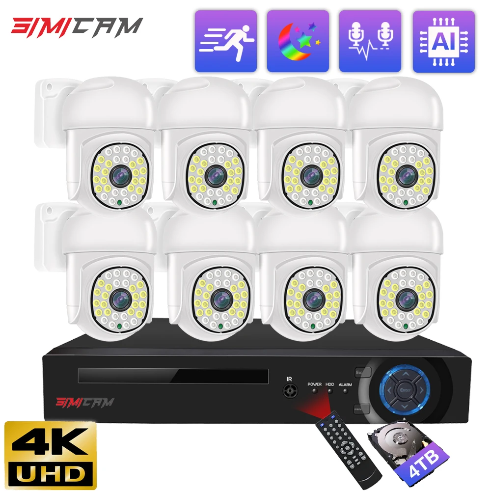 Caméras de surveillance POE PTZ avec audio bidirectionnel, 8 canaux, 4K, 8MP, 3MP, sécurité, rotation à 360 degrés, document IP, vision nocturne, kit de sécurité