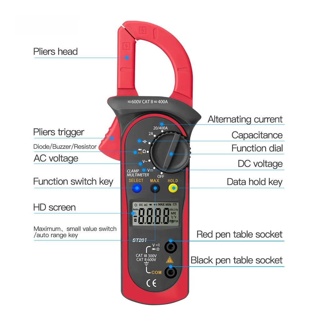 ANENG ST201 Digital Professional Multimeter Clamp Ammeter Transistor Capacitor Tester Power Test Automotive Voltage Tester