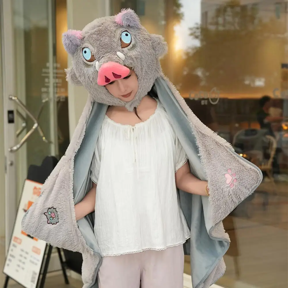 

Kawaii Demon Slayer Anime Hobby Hashibira Inosuke Cartoon Plush Hooded Cloak Home Shawl Blanket Birthday Gift