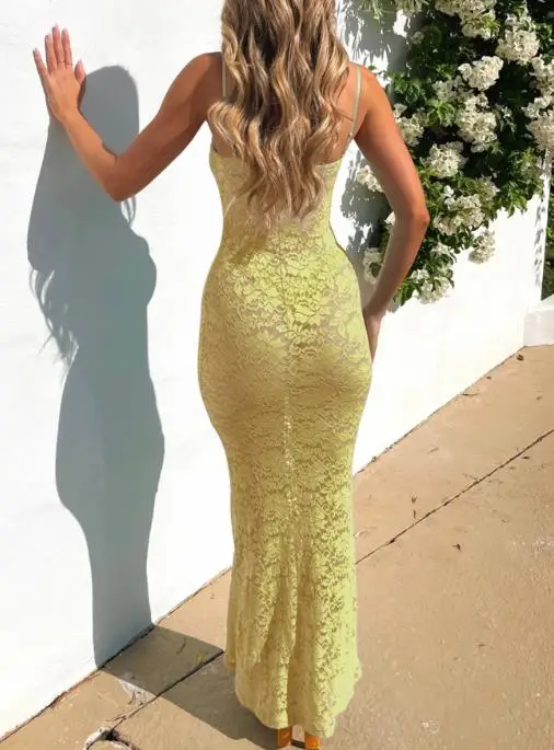 

Women Elegant Square Neck Sexy Suspender Semi Transparent Dress 2025 Summer Y2K Sexy Style Suspender Lace Hollow Out Long Skirt