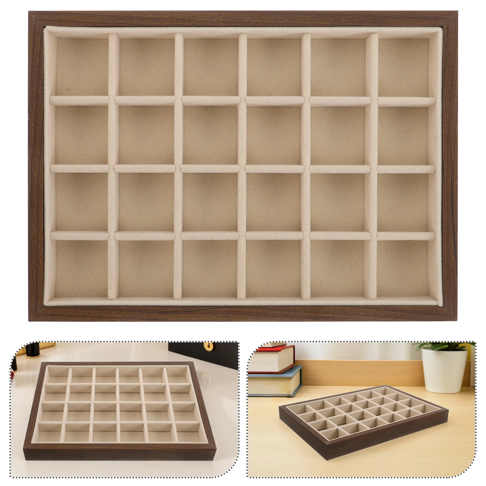 

24-Grid Walnut Wood Jewelry Tray Organizer Showcase Display Holder Necklaces Rings Bracelets Earrings Bracelet Tray