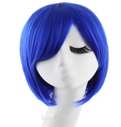 Short Bob Wig Wavy Diamond Blue Inclined Bangs Hair Synthetic Heat Resistant Costume Carnival Cos-play Hairpiece