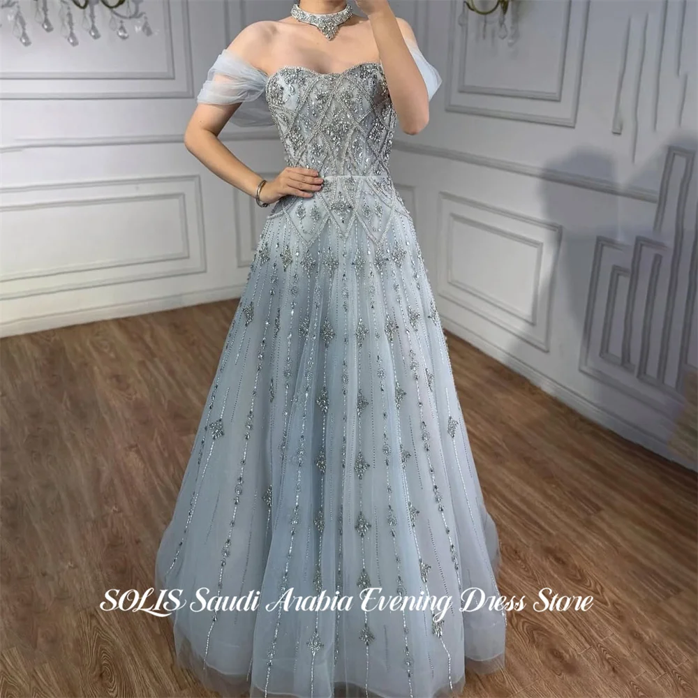

SOLIS Light Blue Prom Dress Off the Shoulder Celebrity Dress Short Sleeve Women's Evening Dresses Crystal Formal Gown Customized