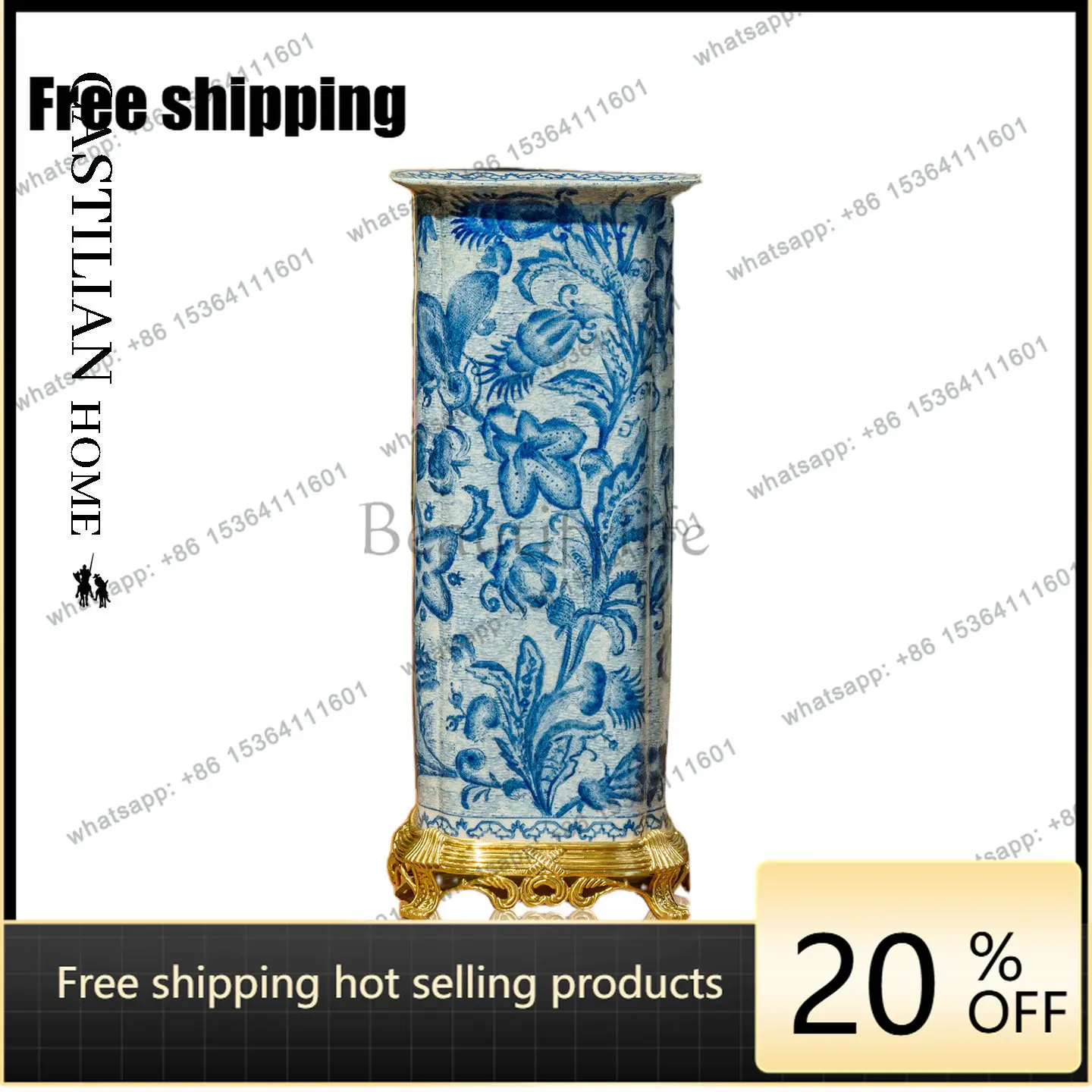 HOT high-grade blue and white porcelain vase flower arrangement floor umbrella frame scroll barrel decorative ornament C6508