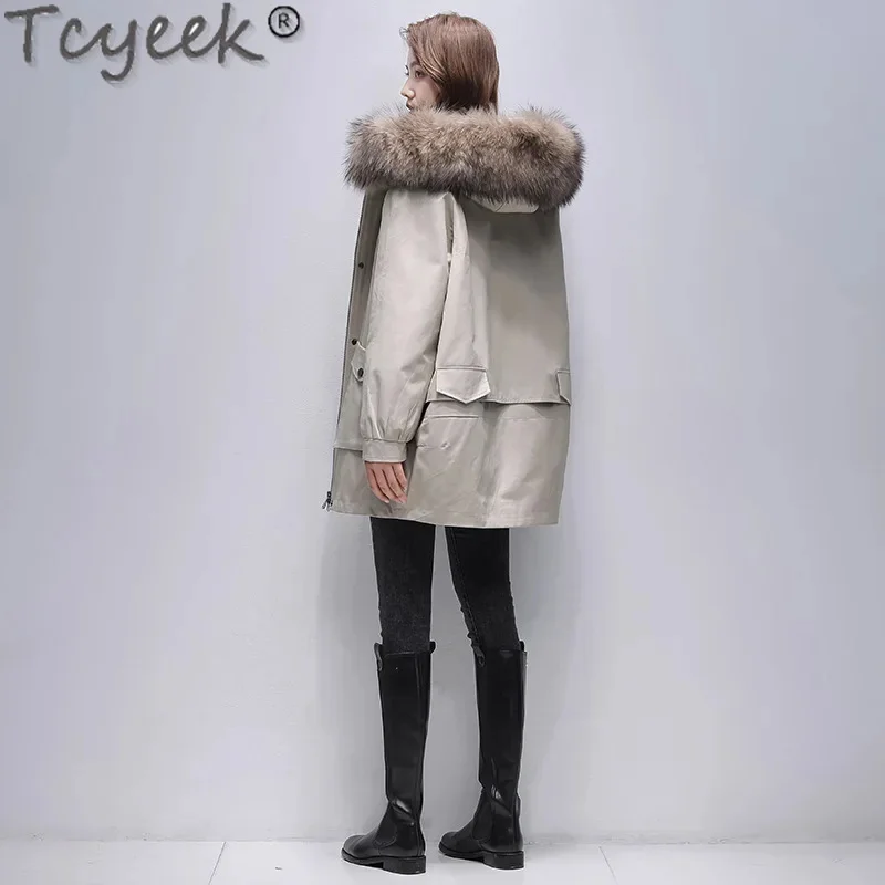 Tcyeek-Parka de longitud media para mujer, chaqueta coreana desmontable con forro de conejo Rex, cálida, Cuello de piel de mapache, 23, Invierno