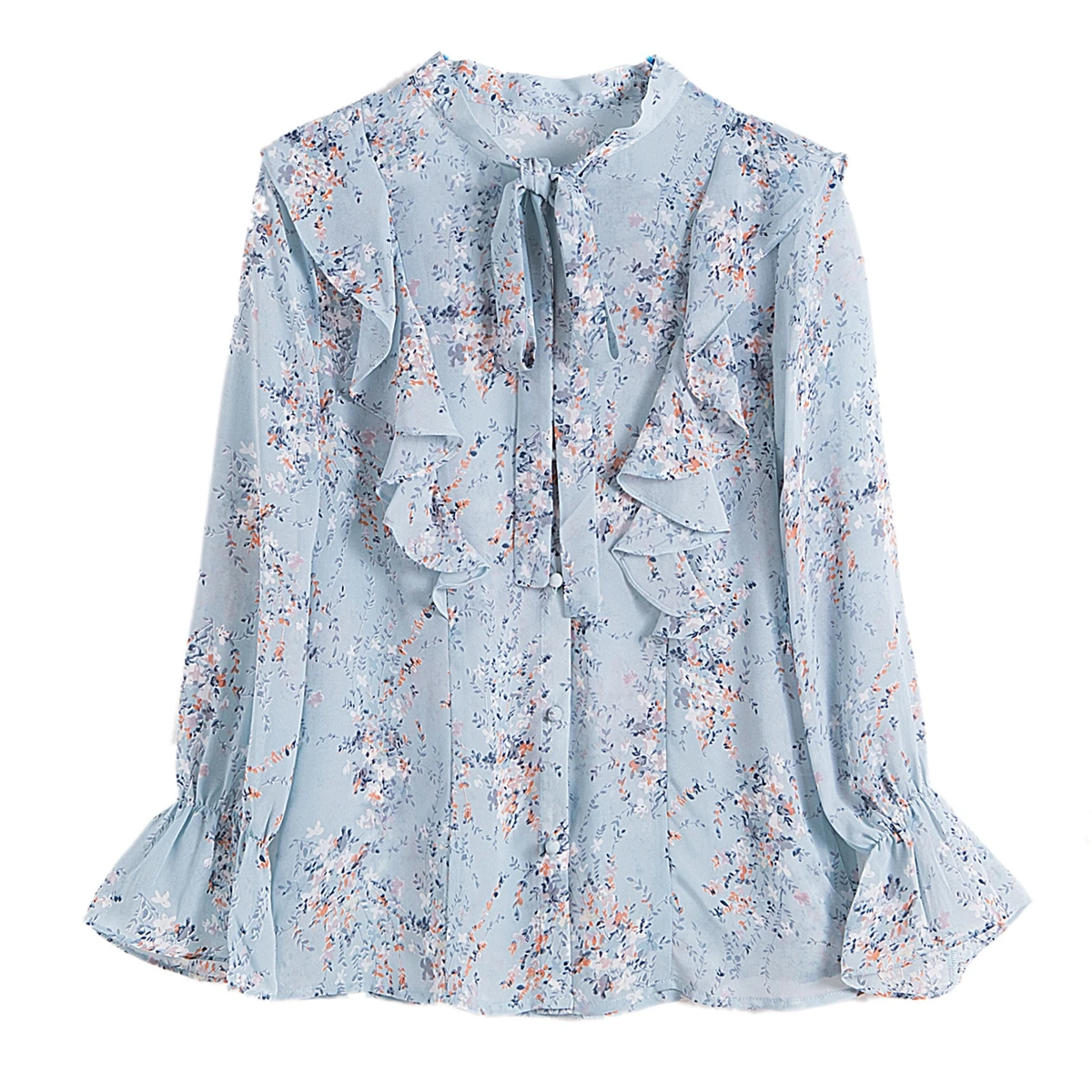 Butterfly Knot Chiffon Shirt With Ruffled Floral Edges For Women, Spring 2024 New Long Sleeved Lace Up Blouses