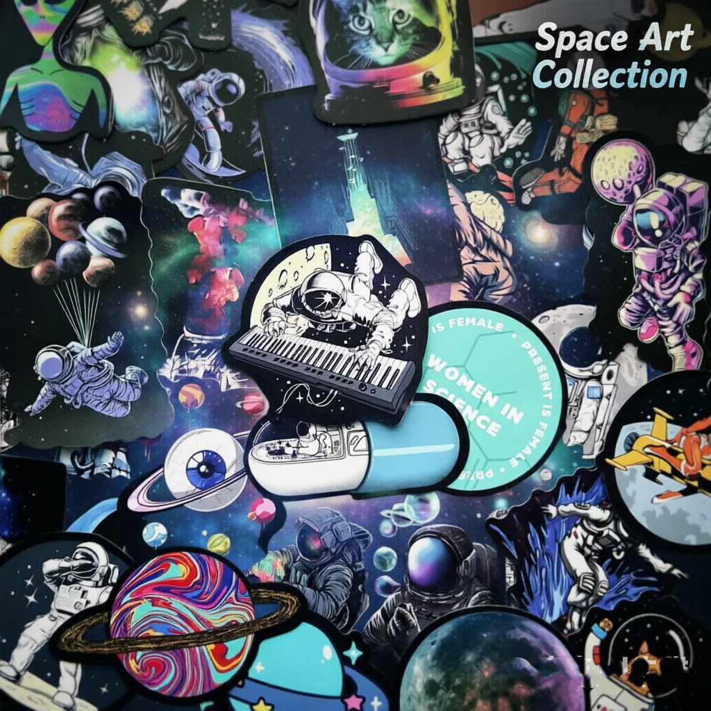 50Pcs Retro Sci-Fi Space Stickers Set - Aesthetic Cosmic Galaxy Vinyl Decals Waterproof for Kids Teens Laptop Skateboard Journal
