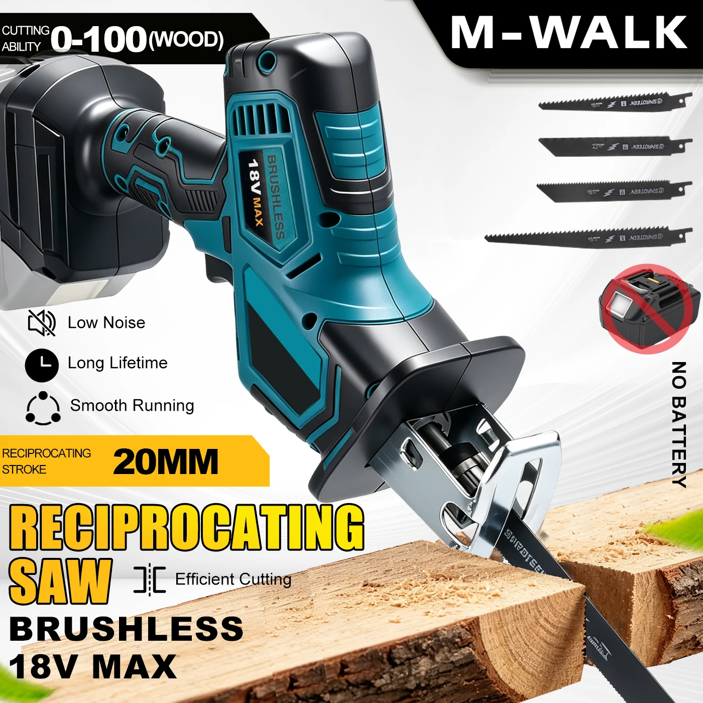 M-WALK Cordless Reciprocating Saw 18V Adjustable Speed Electric Saw for Wood Metal PVC Pipe Cutting Tool Fit Makita 18V Battery