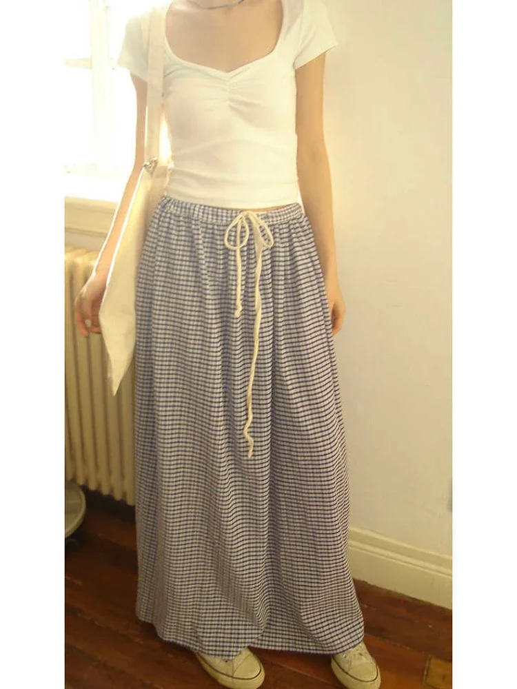 

DEEPTOWN Korean Style Plaid Skirt Long Women Blue High Waist A-line Folds Lace-up Casual Fashion Maxi Skirt Summer Beach Girl