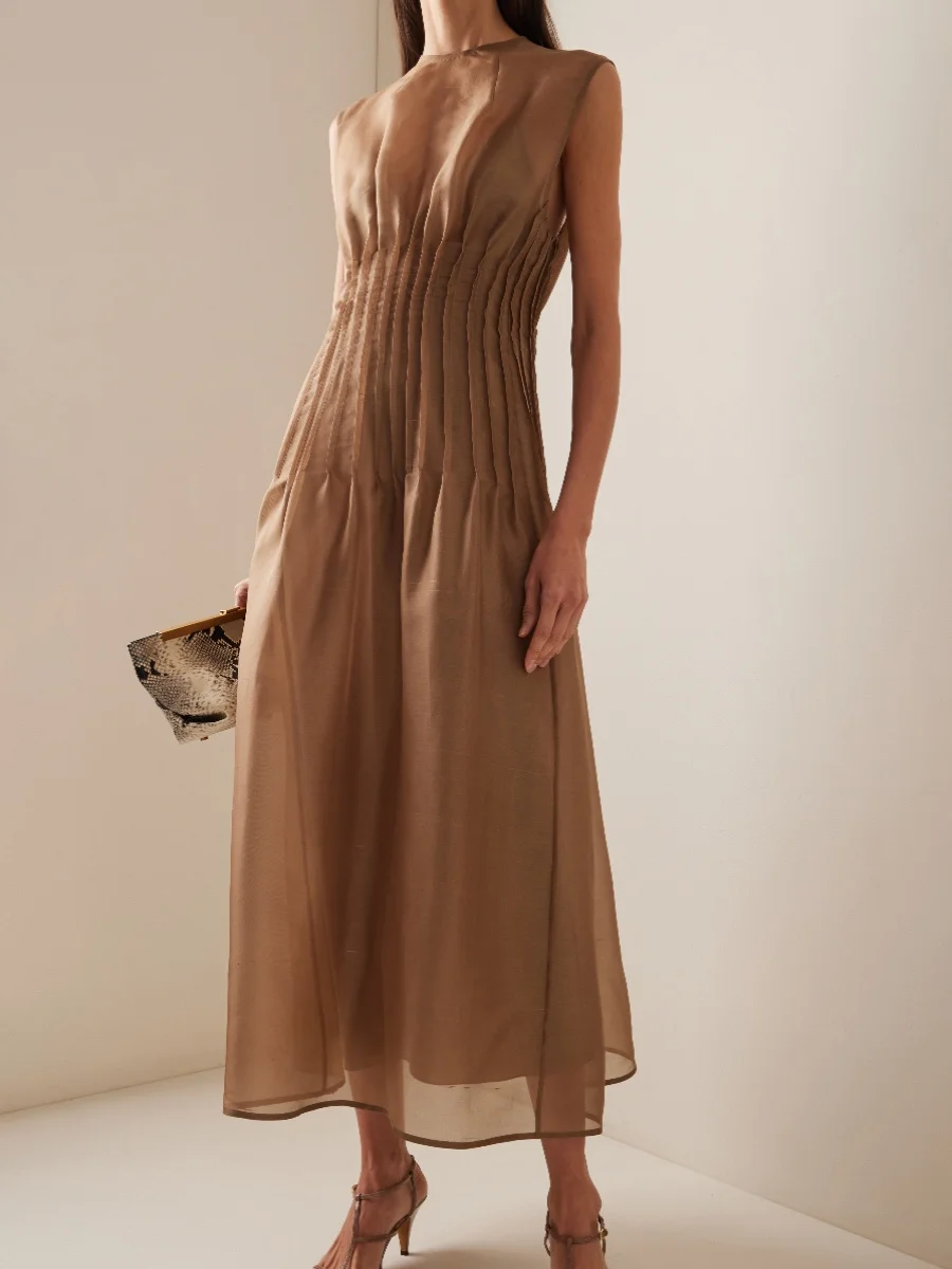 

Petrarchan Sonnet Summer 2024 mat Design Sensation Dr Waist-Cinching Pleated Long Skirt without Sves round Ne