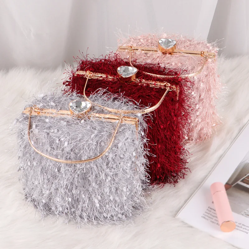 Box Shape Pink Feathers Womens Party Handbags Ladies Wedding Night Clutch Purse Tassel Plush Handbag Luxury Evening Party Bags