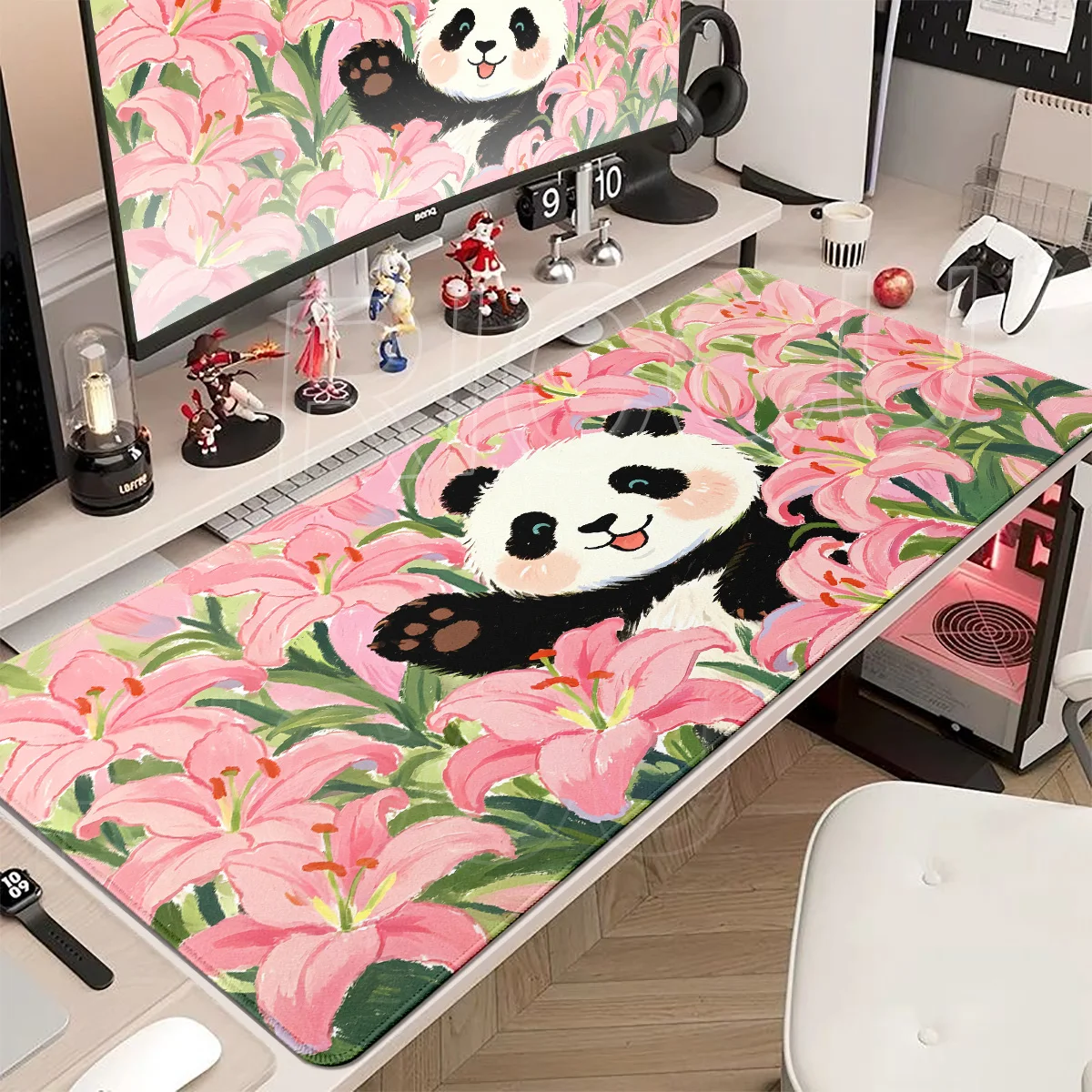 Large Gaming Cute Panda Flower Bush Mouse Pad Non-slip Washable Rubber Base Oversized Lock Edge Desk Mat Office Computer Decor