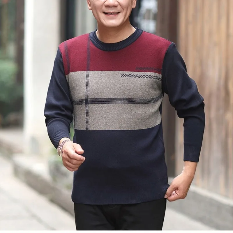 

Sweater Men's 2024 Autumn and Winter Pullover Round Neck Patchwork Printed Fashionable Slim Fit Plush Long Sleeved Casual Tops