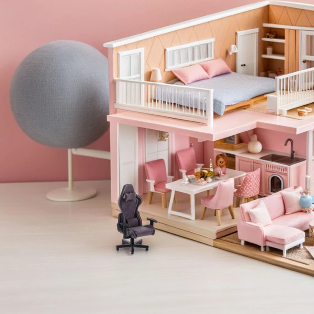 Miniature Gaming Desk and Chair 1:12 Scale Dollhouse Furniture Accessories Tiny Computer Chair Model Decoration and DIY Crafts view 3