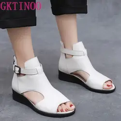 GKTINOO Women Summer Sandal Back zip 3.5cm Wedges Heels Hollow Peep Toe Retro Dress Shoe Plus Size 41 Genuine Leather Gladiator