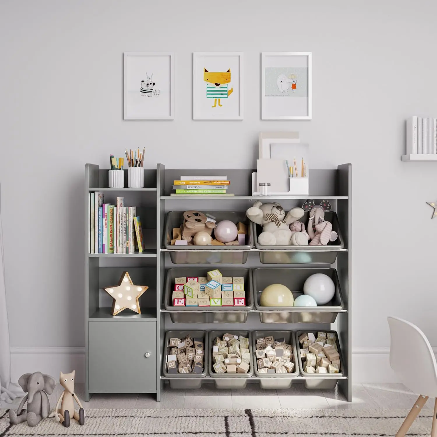 Organizer with Bookshelf, Kids Playroom Organization Shelving Unit with Removable Storage Bins