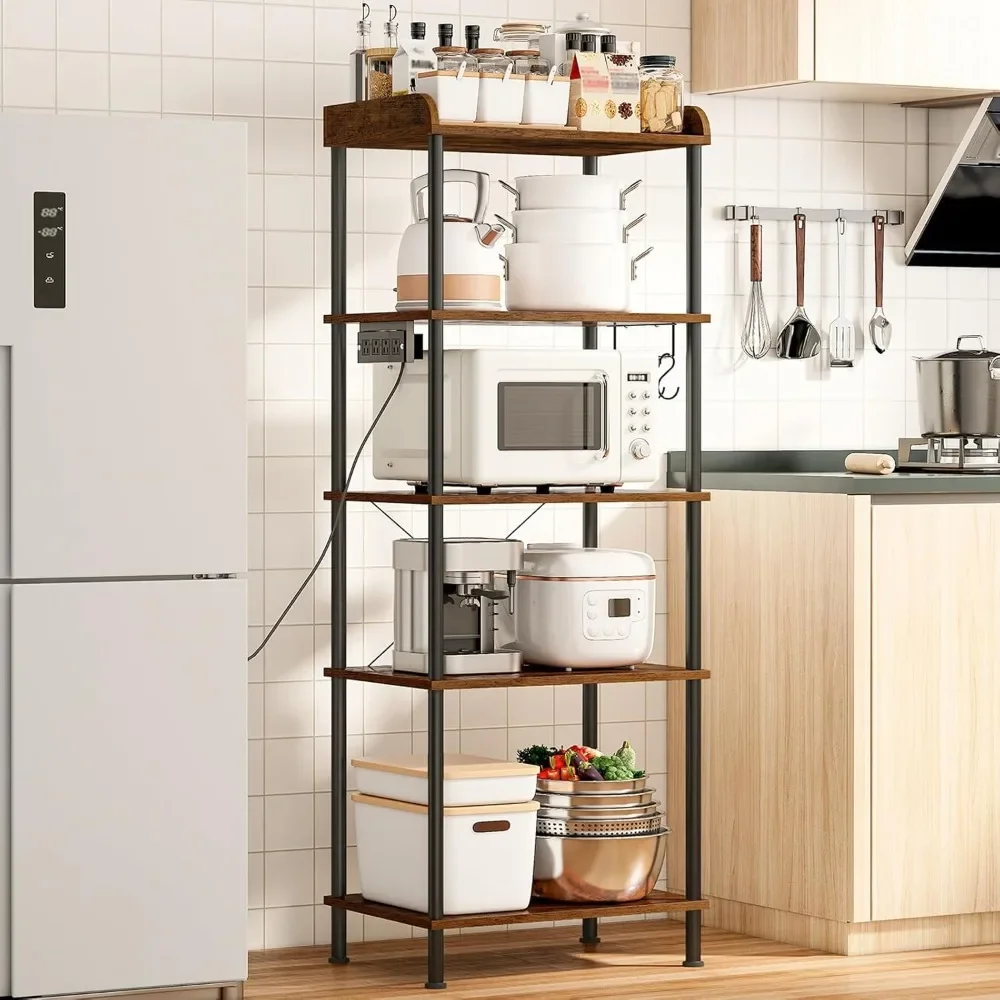 Kitchen Bakers Rack with Power Outlet, 5-Tier Free Standing Kitchen Storage Shelf Rack, Microwave Stand with 4 S-Shaped Hooks