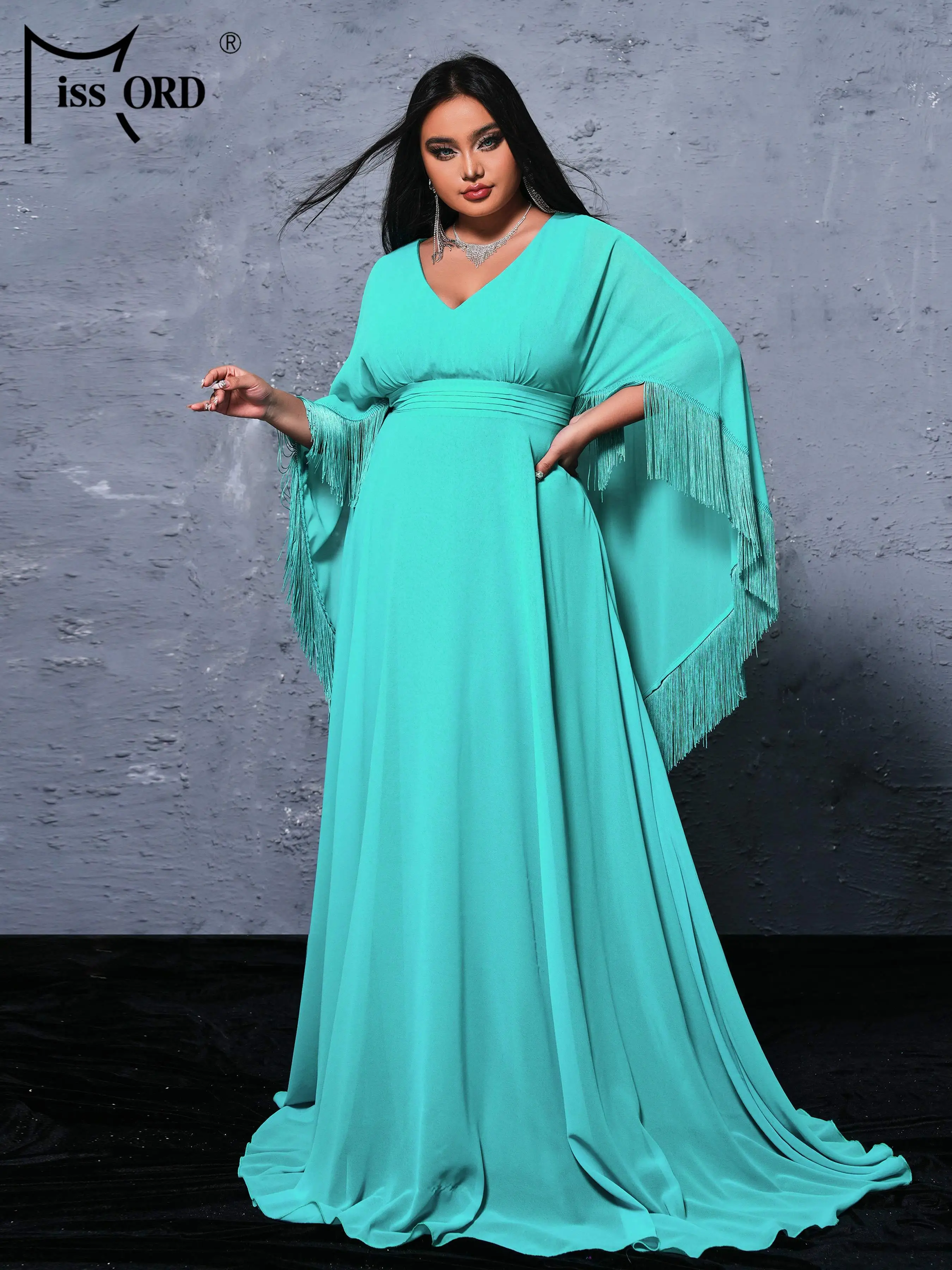 Missord Plus Size Prom Dress V Neck Bat Sleeve A Line Evening Green Floor Length Church Dress